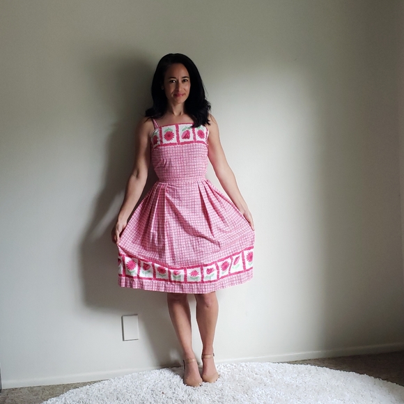 1950s Vintage Spring Pink Fit and Flare Dress Floral Border Frock - Picture 4 of 8